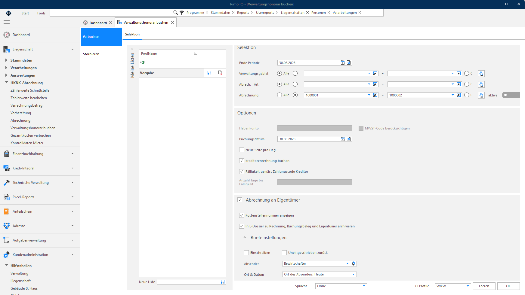 Screenshot: Verwaltungshonorar verbuchen – Auswahl der Abrechnung und Optionen für Kreditorenrechnung und Eigentümerabrechnung