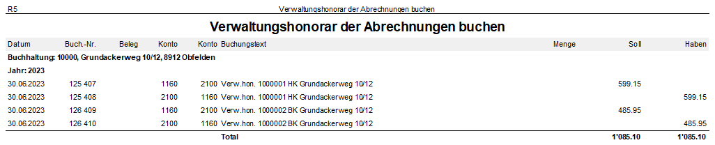 Screenshot: Verbuchungsjournal für Verwaltungshonorar ohne Kreditorenrechnung