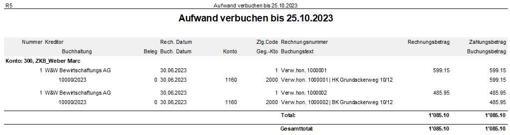 Screenshot: Aufwand verbuchen – Kreditorenrechnung für das Verwaltungshonorar