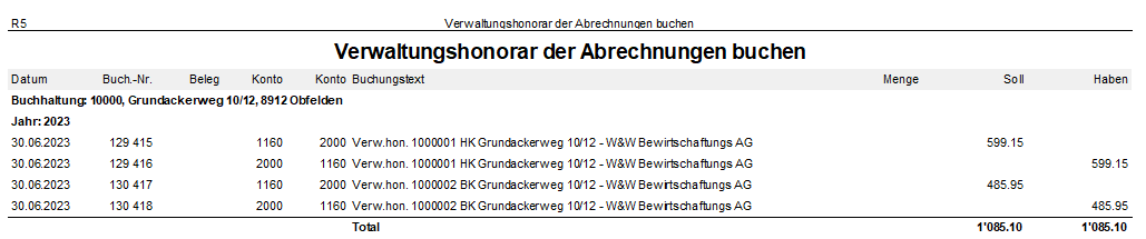 Screenshot: Verbuchungsjournal für Verwaltungshonorar mit Kreditorenrechnung