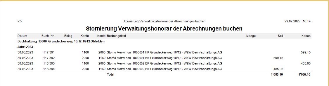 Screenshot: Stornierung Verwaltungshonorar der Abrechnungen – Buchungsjournal