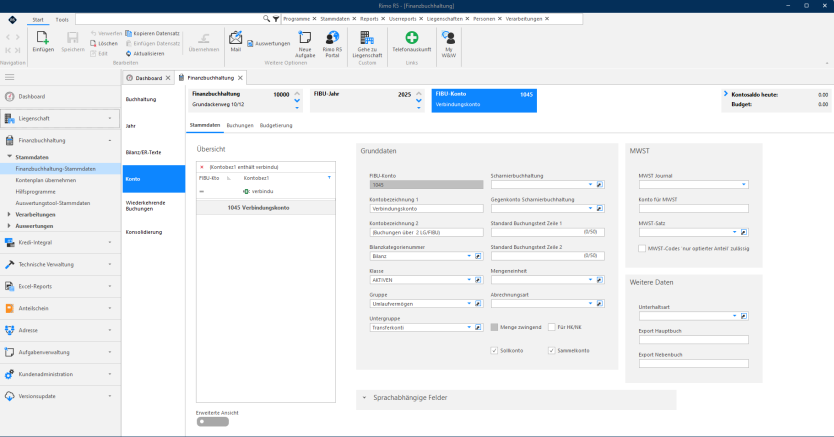 Screenshot: FIBU-Stammdaten des Verbindungskontos