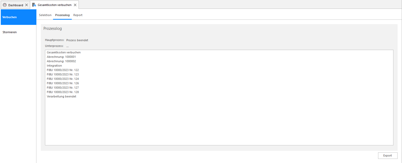 Screenshot: Prozesslog der verbuchten Gesamtkosten mit FIBU-Integrationen