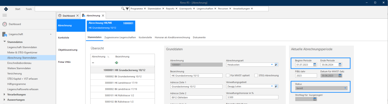 Screenshot: Abrechnungs-Stammdaten mit Status «Bereit» und fortgeschriebener Abrechnungsperiode