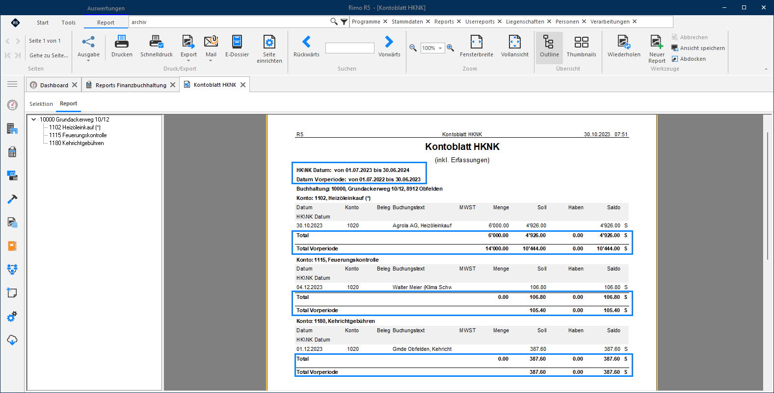 Screenshot: Selektionsmaske des Reports Kontoblatt HKNK mit aktivierter Gesamtkostenausbuchung
