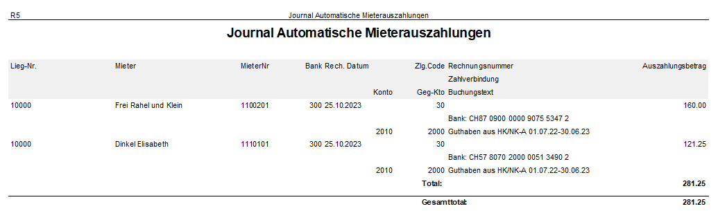 Screenshot: Auszahlungsjournal der generierten Mieterauszahlungen
