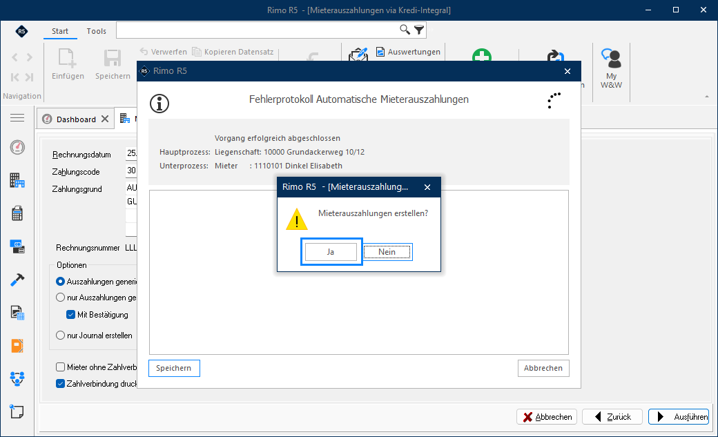 Screenshot: Bestätigung der generierten Mieterauszahlungen für den Kreditor 99999