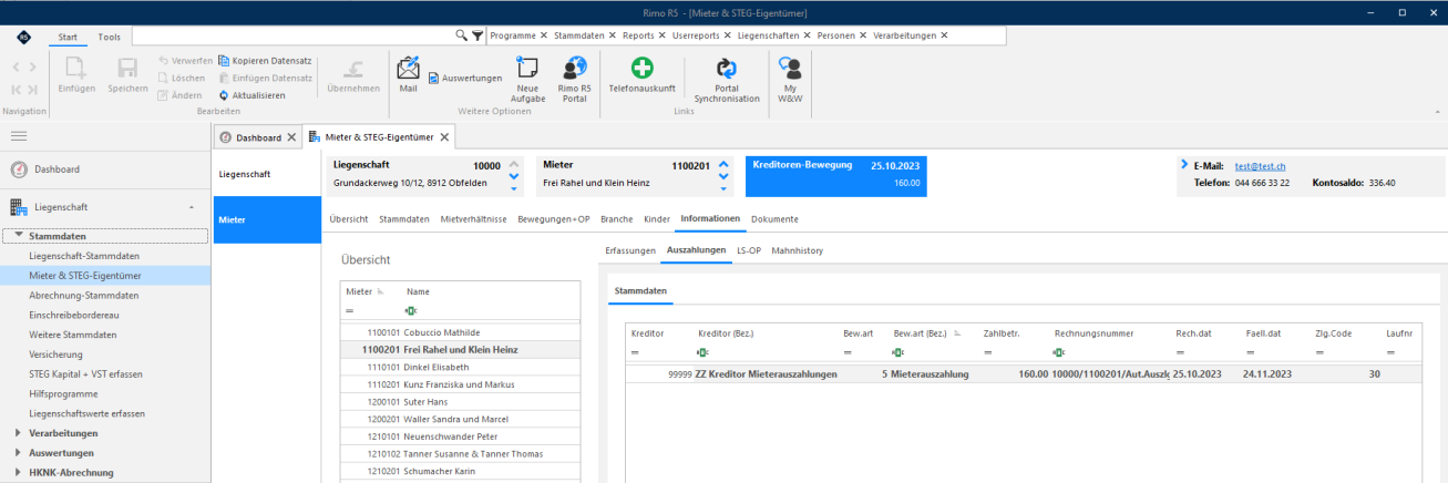 Screenshot: Übersicht der zur Auszahlung bereitstehenden Mieterauszahlungen im Modul Kredi-Integral