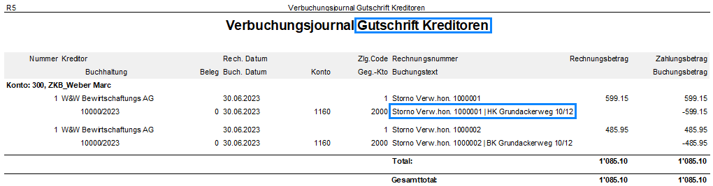 Screenshot: Übersicht der Stornobuchungen zum Verwaltungshonorar