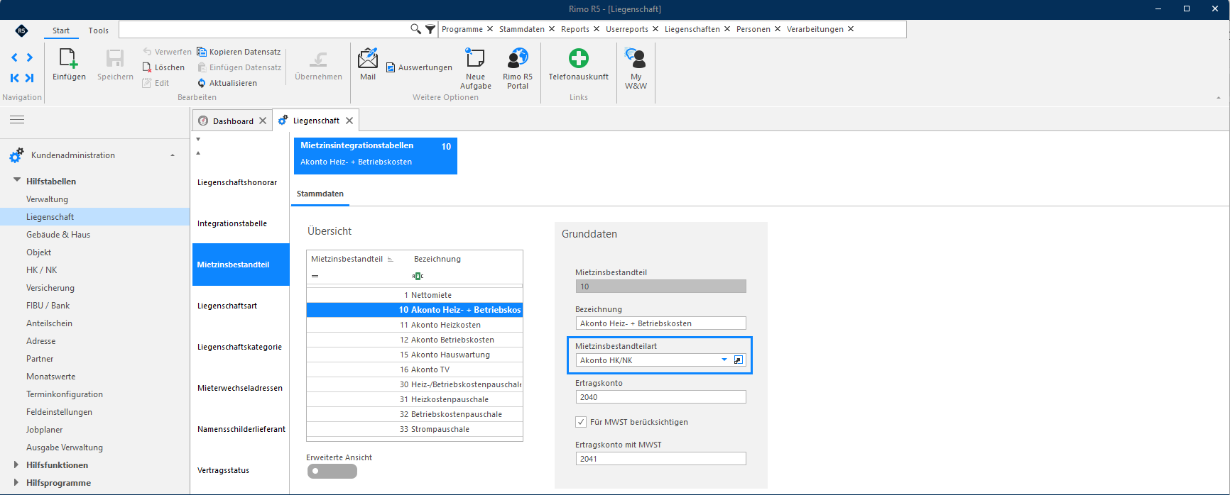 Screenshot: Mietzinsbestandteile – Übersicht mit zugeordneten MZB-Arten und Fibu-Konten
