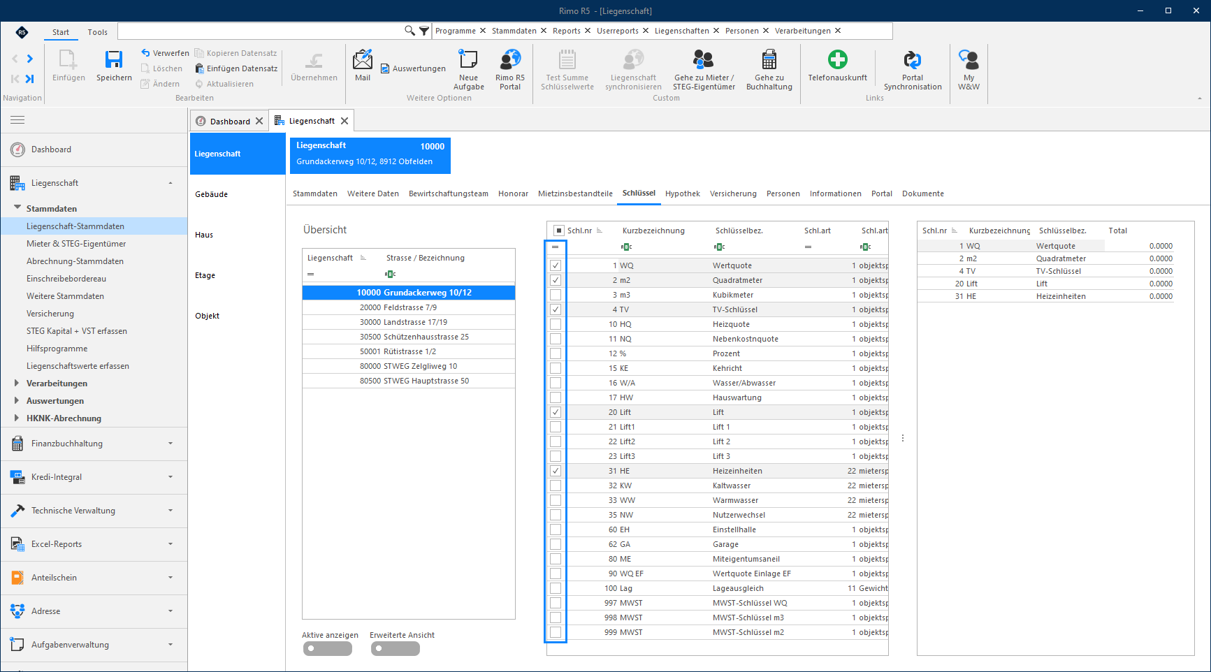 Screenshot: Liegenschaft-Stammdaten – Register Schlüssel mit den zugeordneten Schlüsseln