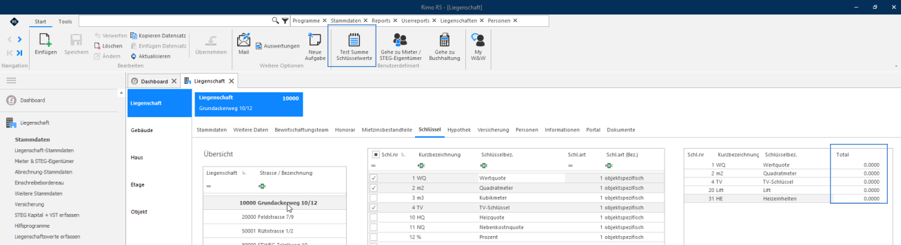 Screenshot: Liegenschaft-Stammdaten – Übersicht der zugeordneten Abrechnung mit Kostenstellen
