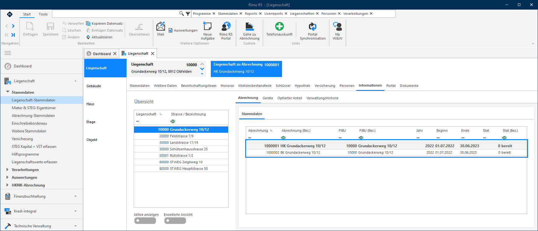 Screenshot: Liegenschaft-Stammdaten – Register Abrechnungen mit Status der Abrechnung