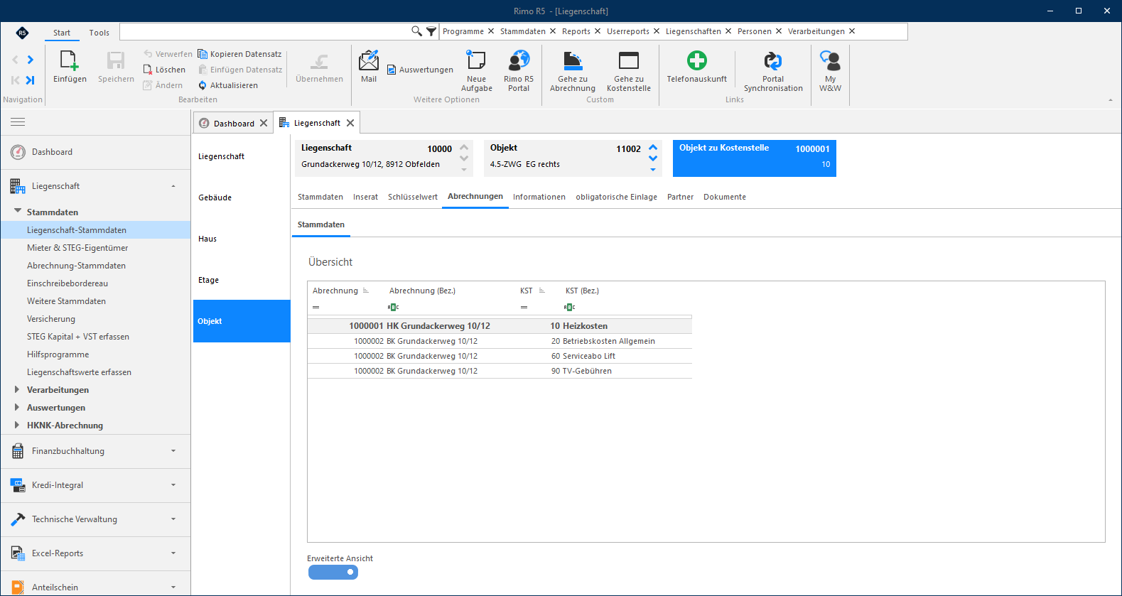Screenshot: Objekt-Stammdaten – Übersicht der Abrechnungen und zugeordneten Kostenstellen