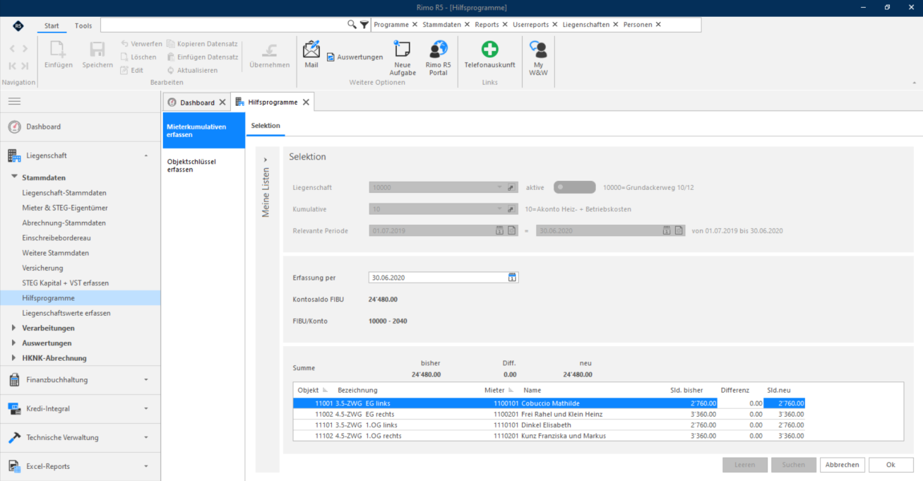 Screenshot: Hilfsprogramm Mieterkumulativen erfassen – Saldo bisher, Differenz und neuer Saldo je Mieter