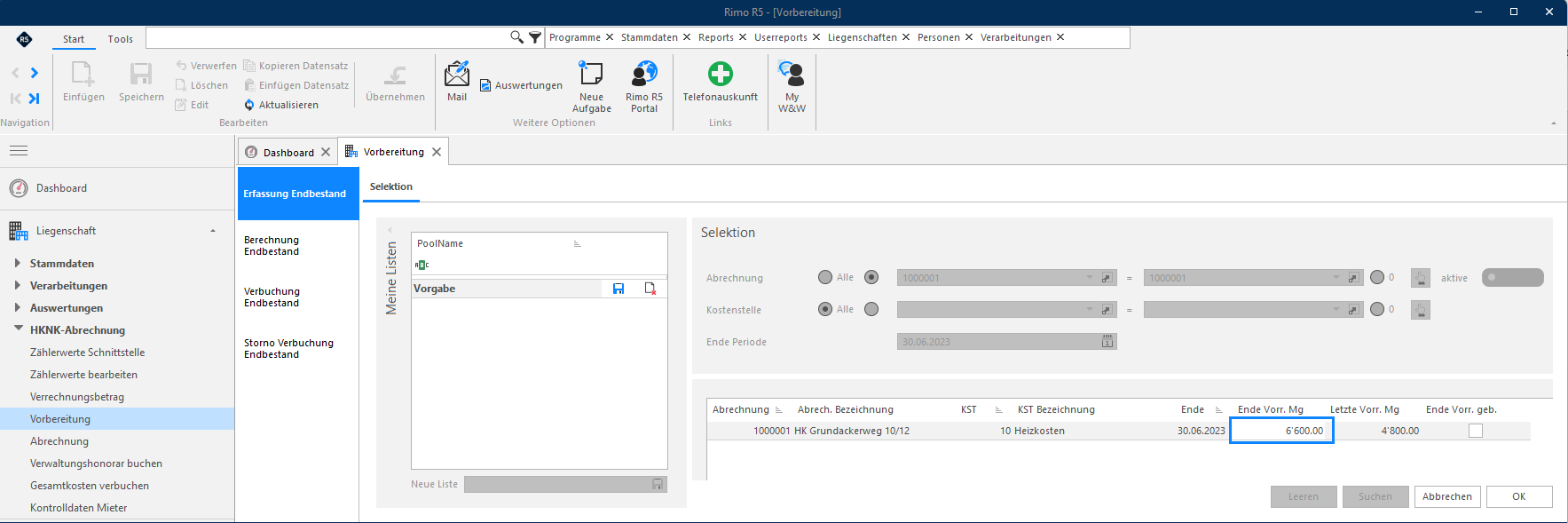 Screenshot: Erfassung des Heizmaterial-Endbestands in der Spalte Ende Vorr.Mg