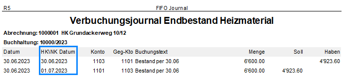 Screenshot: FIFO-Journal ohne Gegenkonto für die Buchung von Endbestand und Anfangsbestand