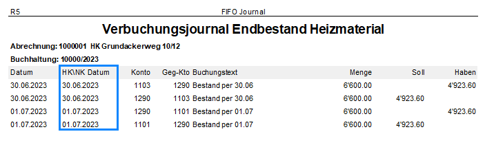 Screenshot: FIFO-Journal mit Bilanz-Gegenkonto Heizölvorrat