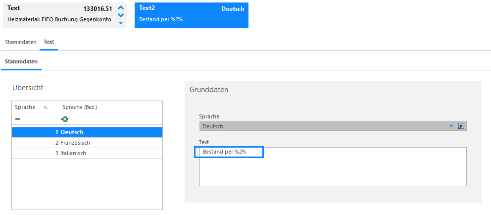 Screenshot: Register Text des Standardtexts mit bearbeitbarem Buchungstext
