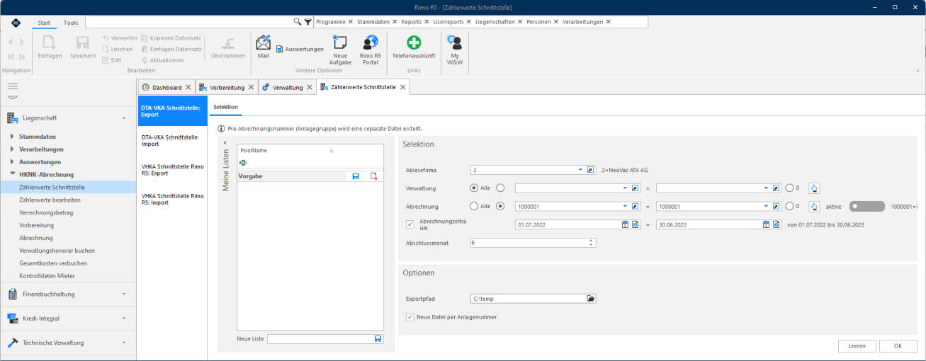 Screenshot: DTA-VKA-Export mit Auswahl von Ablesefirma, Abrechnung, Zeitraum und Exportpfad