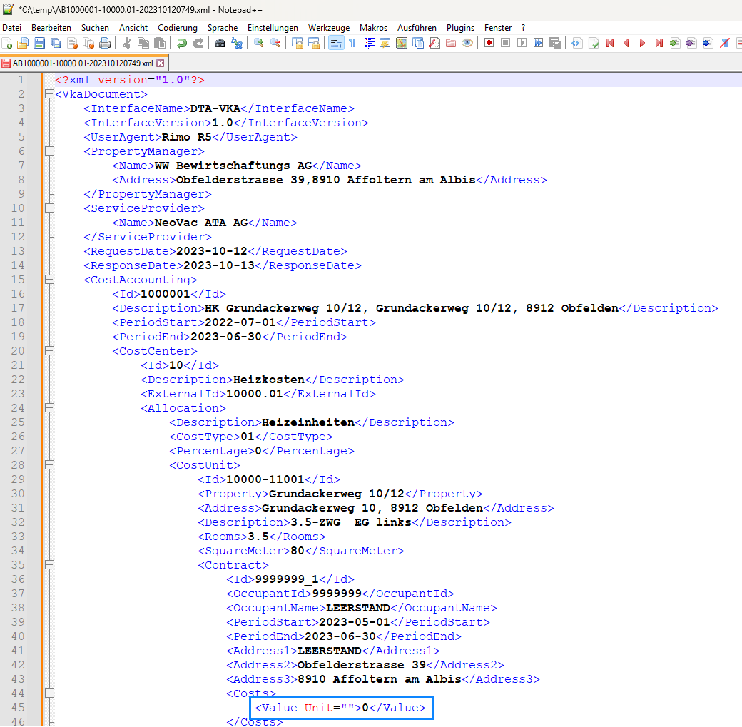 Screenshot: Exportierte DTA-VKA-Datei im XML-Format