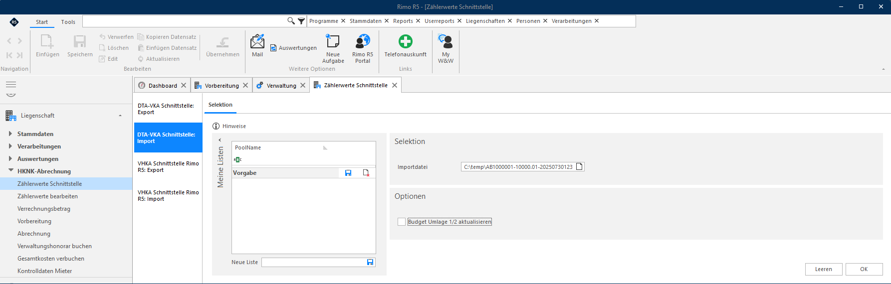 Screenshot: DTA-VKA-Import mit Feld zur Auswahl des Speicherpfads der Importdatei