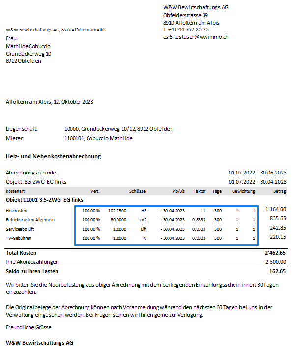 Screenshot: Einzelabrechnung in der Standarddarstellung Typ 0