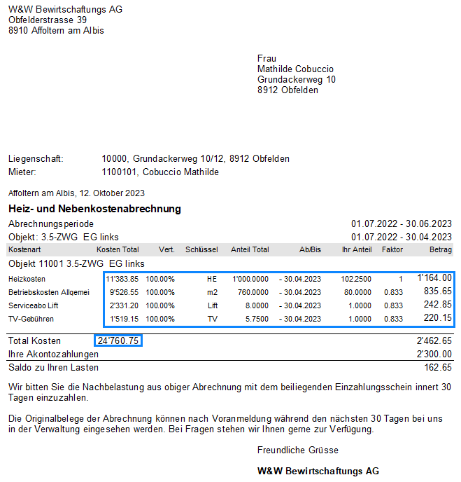 Screenshot: Einzelabrechnung in der Alternativdarstellung Typ 1