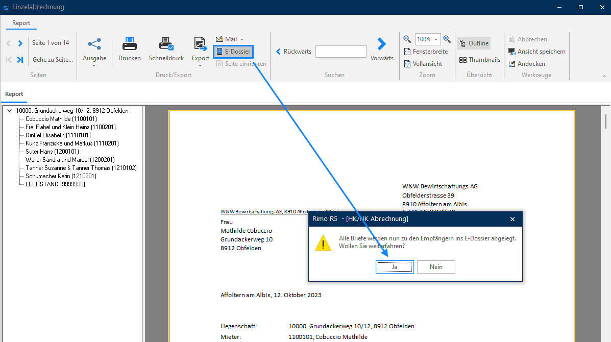 Screenshot: Einzelabrechnung im Report mit Dialog zum Ablegen im E-Dossier