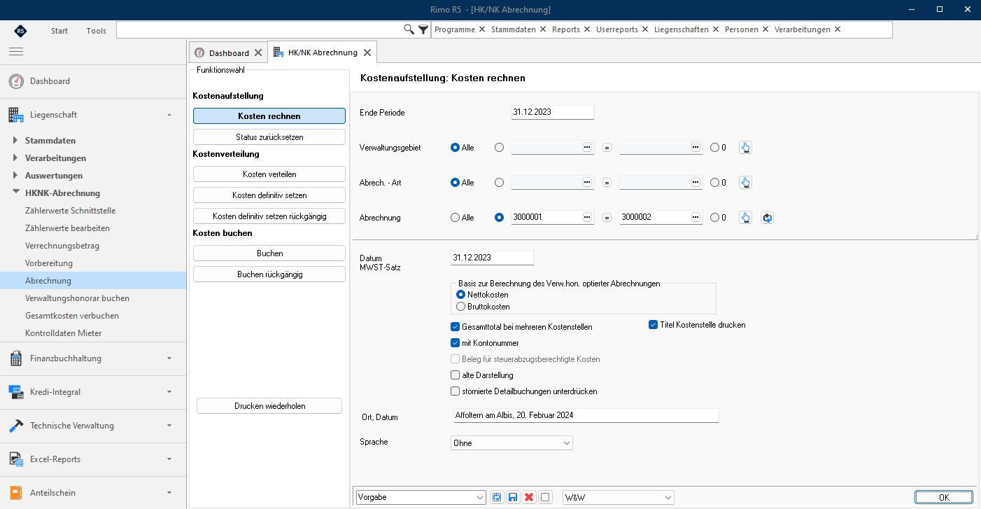 Screenshot: Funktion Kostenaufstellung rechnen mit Feld Datum MWST-Satz und Auswahl Netto- oder Bruttokosten
