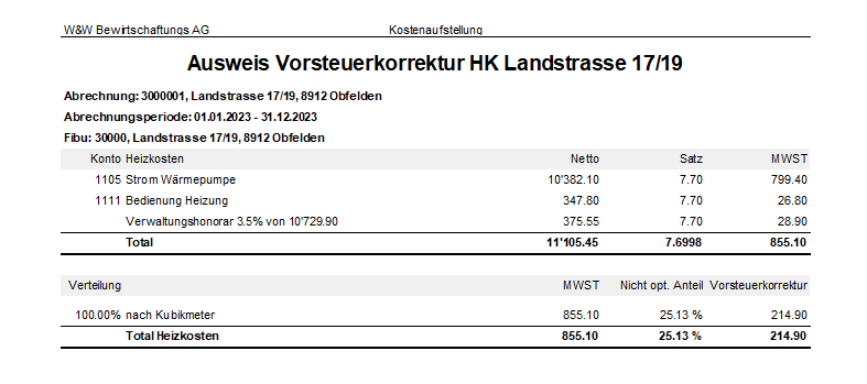 Screenshot: Ausweis der Vorsteuerkorrektur für die Heizkostenabrechnung