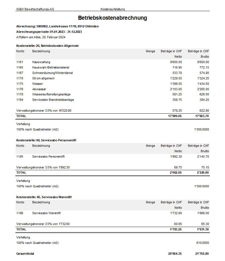 Screenshot: Betriebskostenabrechnung mit Netto- und Bruttobeträgen