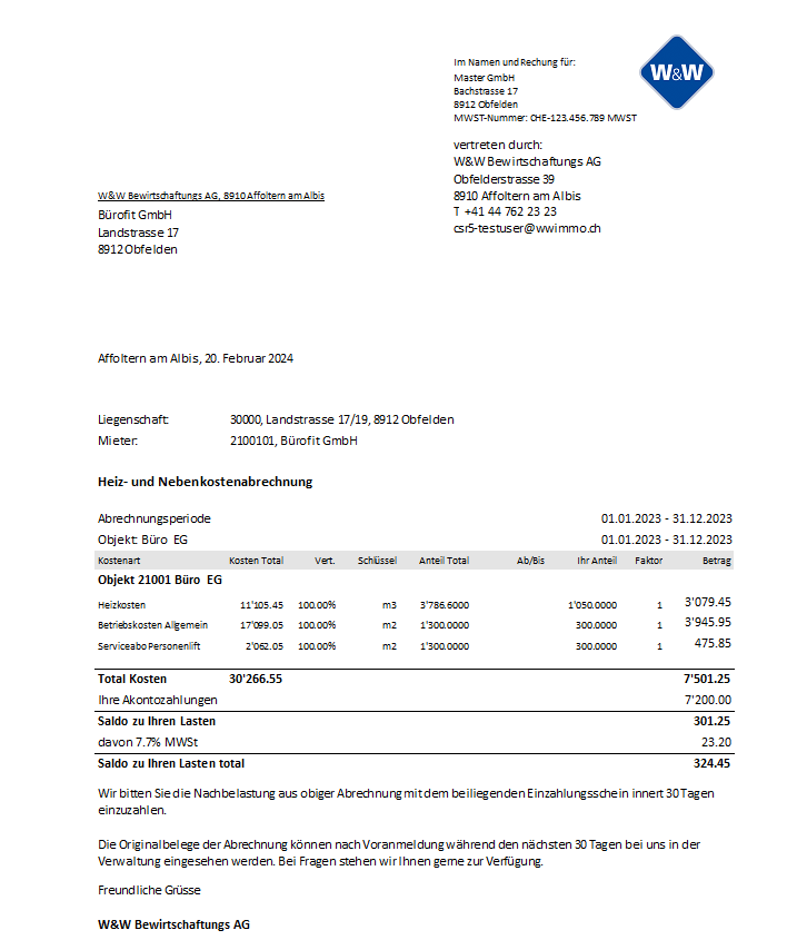 Screenshot: Einzelabrechnung mit Mehrwertsteuer für ein optiertes Mietverhältnis