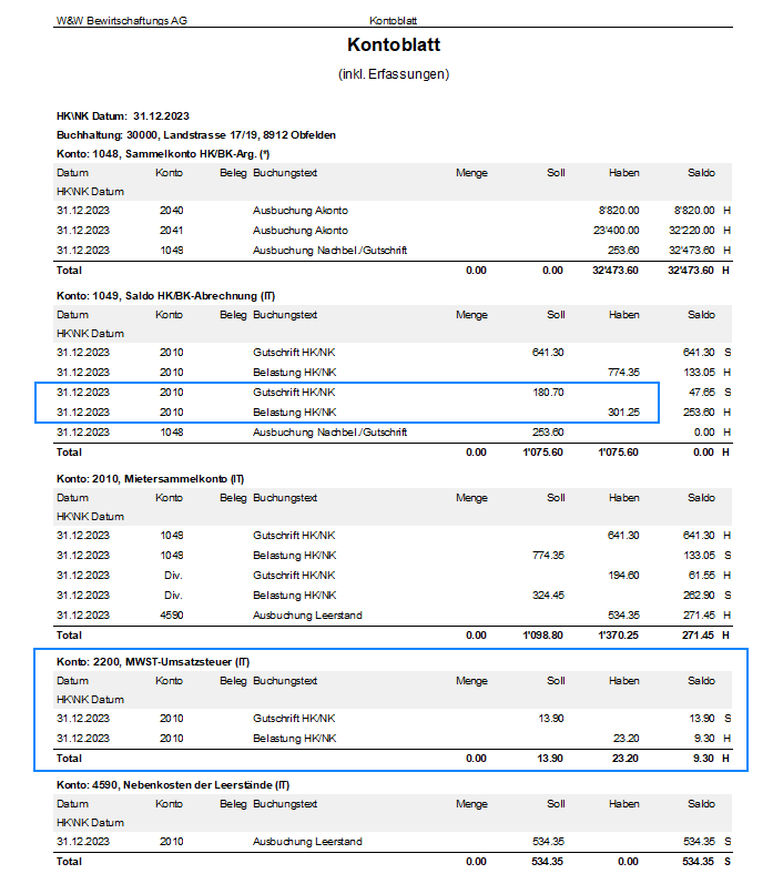 Screenshot: Kontoblatt mit Buchungen zur HK/BK-Abrechnung und MWST-Umsatzsteuer