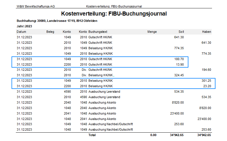 Screenshot: FIBU-Buchungsjournal der Kostenverteilung mit MWST-Buchungen