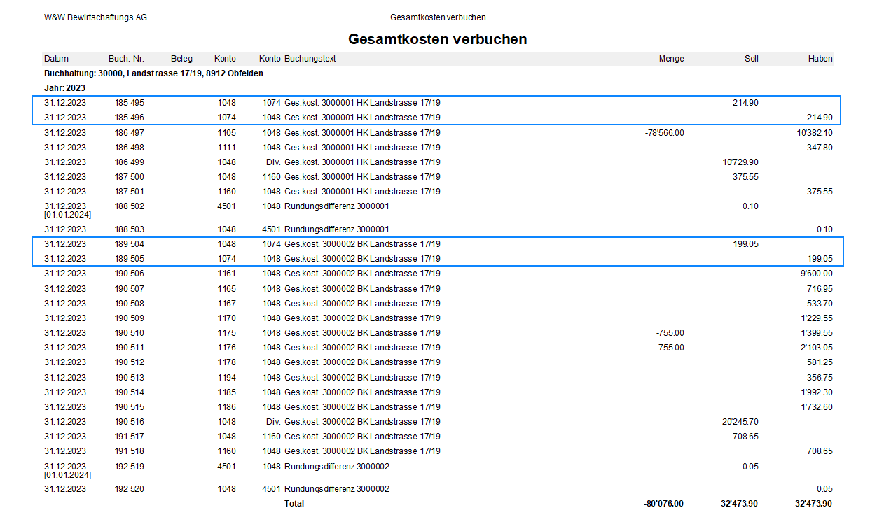 Screenshot: Funktion Gesamtkosten verbuchen mit Buchungen der Vorsteuerkorrektur