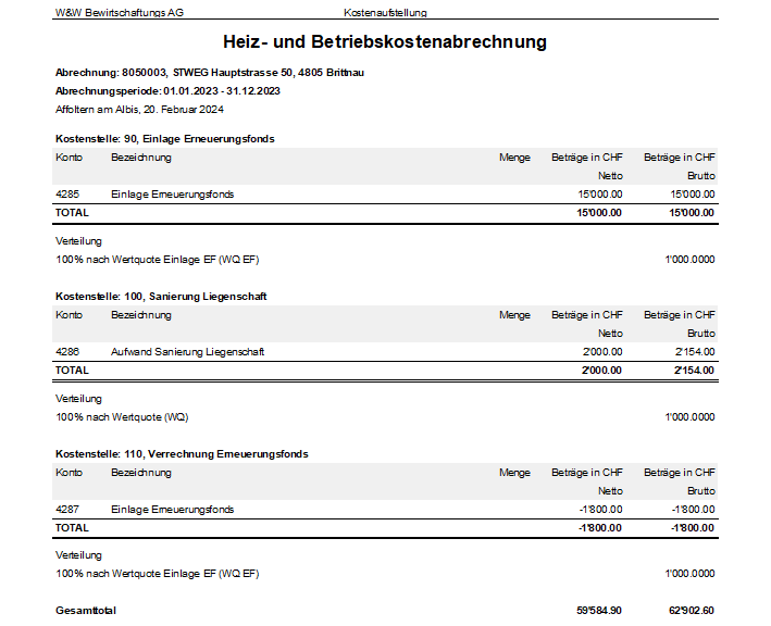 Screenshot: Betriebskostenabrechnung einer optierten Stockwerkeigentümergemeinschaft