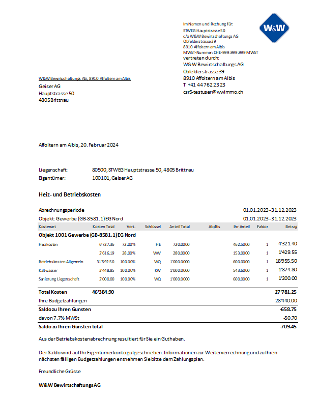 Screenshot: Einzelabrechnung mit Mehrwertsteuer für ein optiertes STEG-Verhältnis