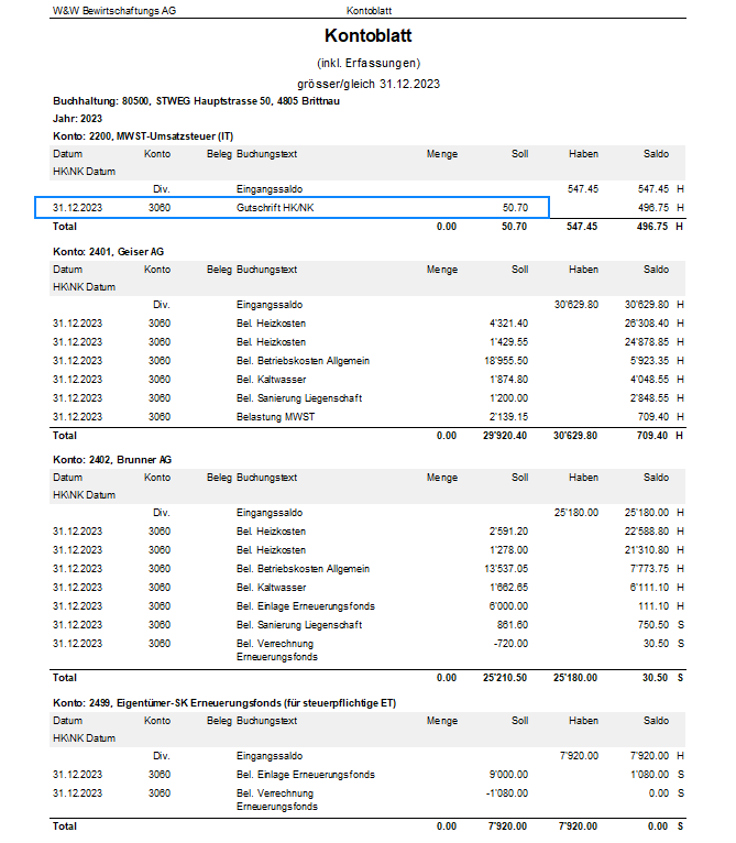 Screenshot: Kontoblatt mit Buchungen zur HK/BK-Abrechnung einer STEG
