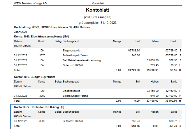 Screenshot: Kontoblatt mit MWST-Umsatzsteuer aus der HK/BK-Abrechnung
