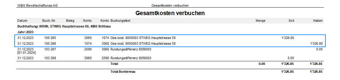Screenshot: Funktion Gesamtkosten verbuchen für eine optierte Stockwerkeigentümergemeinschaft