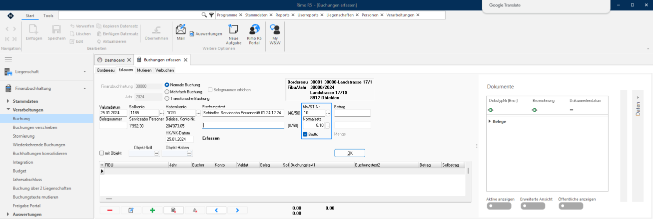 Screenshot: Erfassungsmaske einer FIBU-Buchung mit den Feldern MWST-Nr, MWST-Satz und Brutto