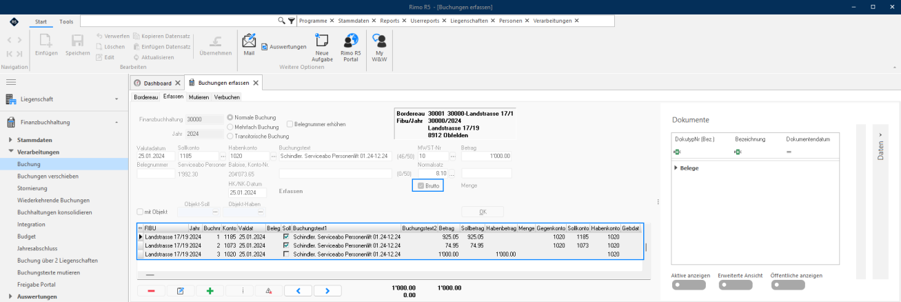 Screenshot: FIBU-Buchung mit aufgeschlüsseltem Netto-, MWST- und Bruttobetrag