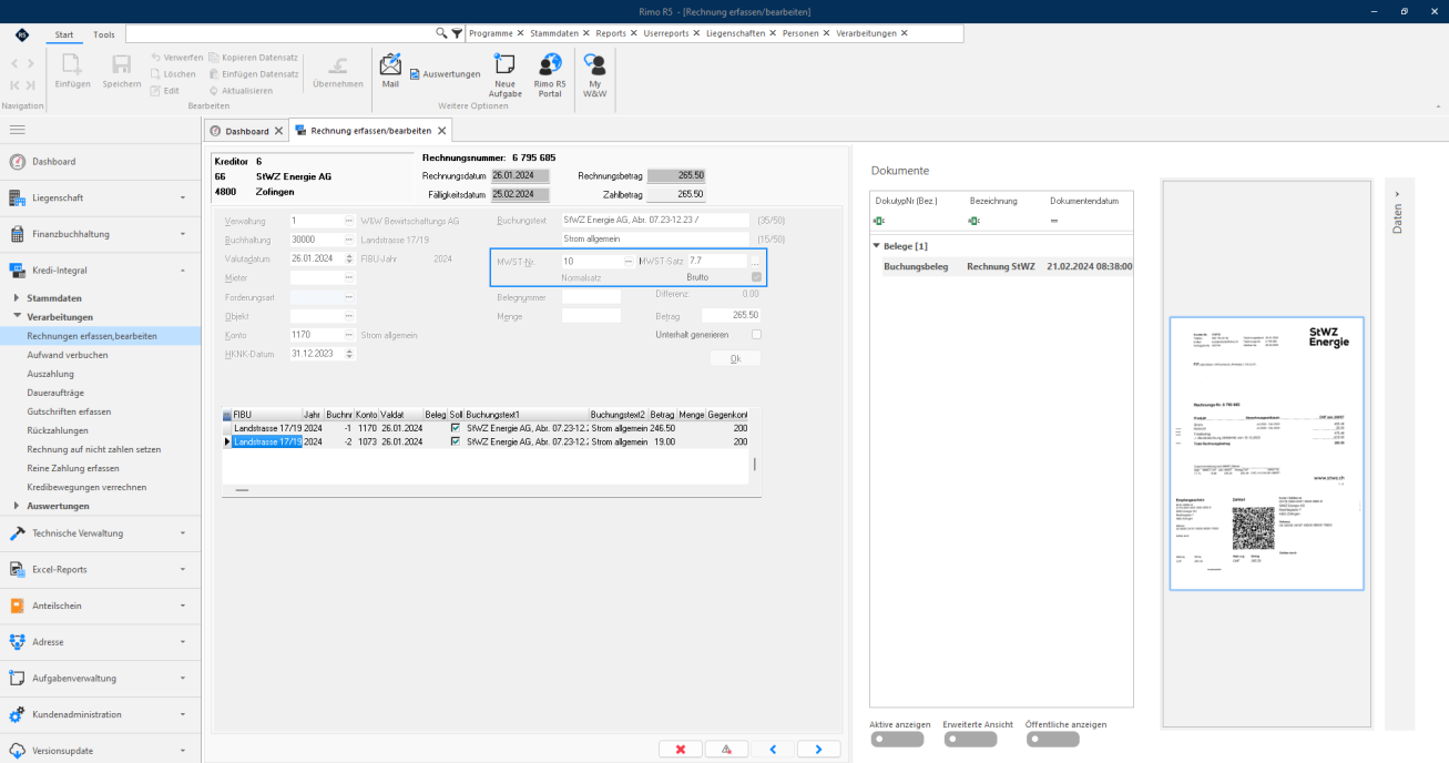 Screenshot: Buchungserfassung mit Kontierung und MWST-Feldern