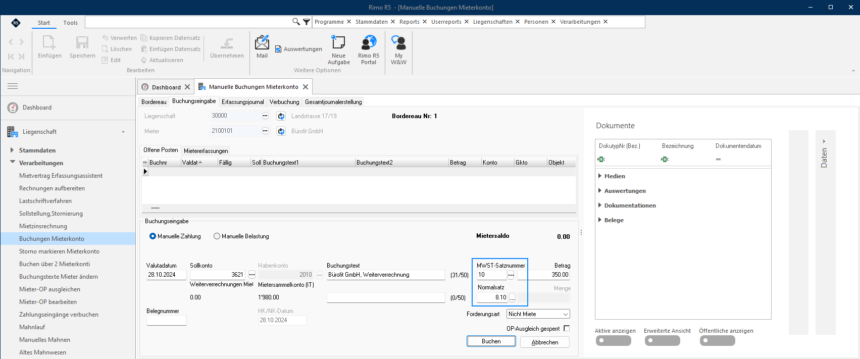 Screenshot: Buchungsdetails mit den Feldern MWST-Nr und MWST-Satz