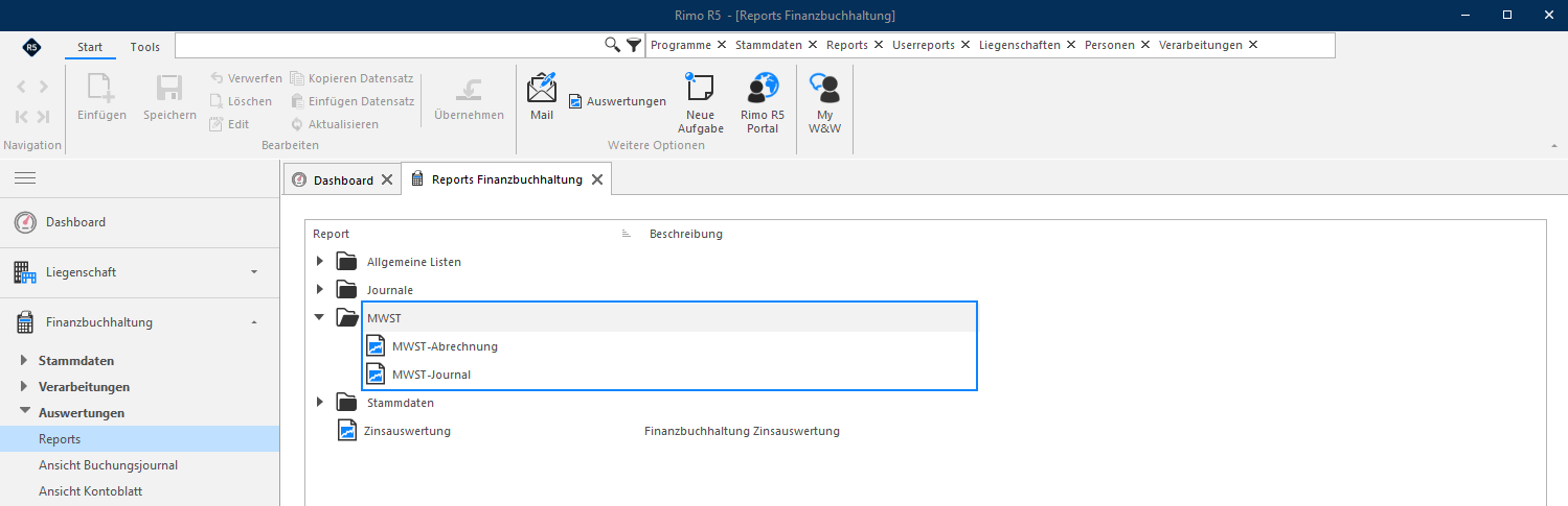 Screenshot: Reports Finanzbuchhaltung mit den MWST-Reports MWST-Abrechnung und MWST-Journal