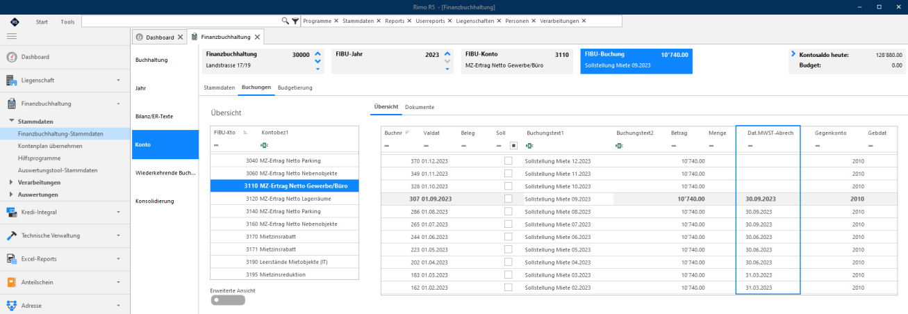 Screenshot: Finanzbuchhaltung mit den Buchungen und dem Feld Dat.MWST-Abrech