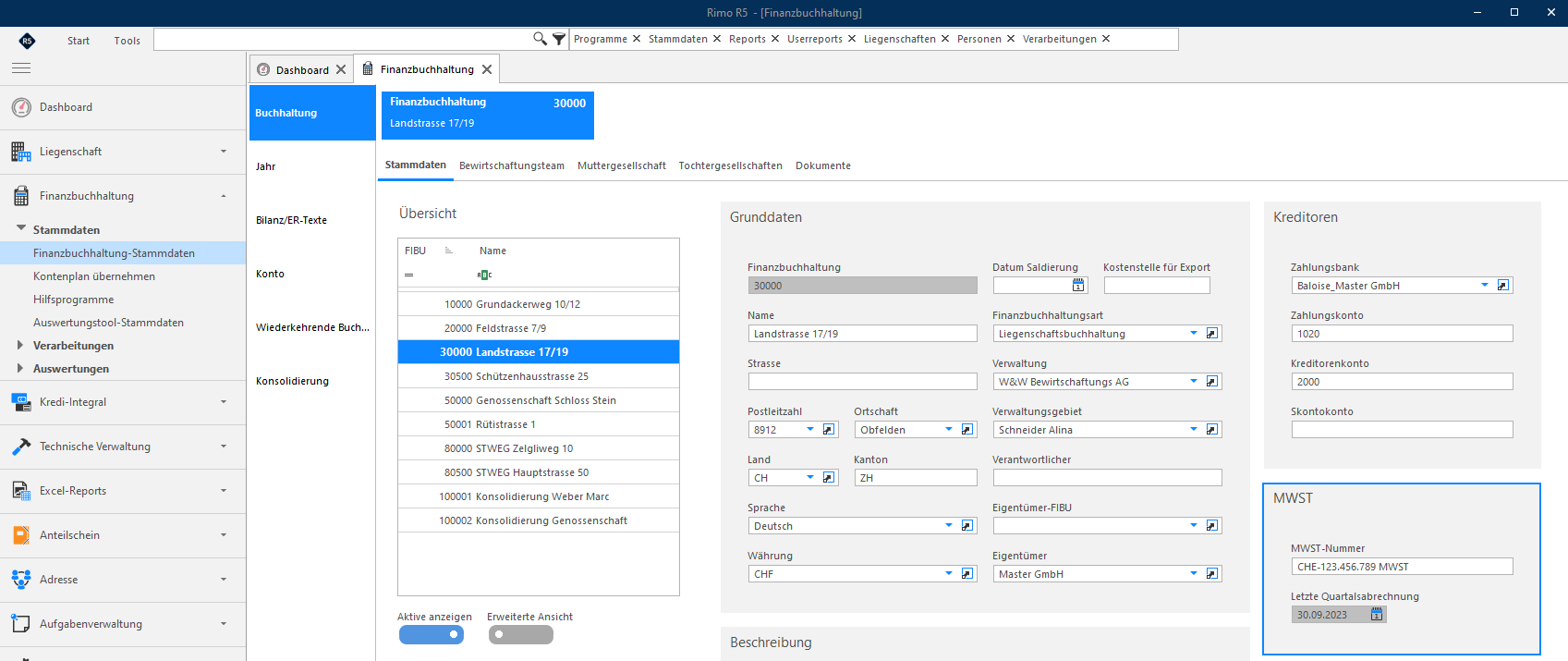 Screenshot: Buchhaltung-Stammdaten mit dem MWST-Feld Letzte Quartalsabrechnung