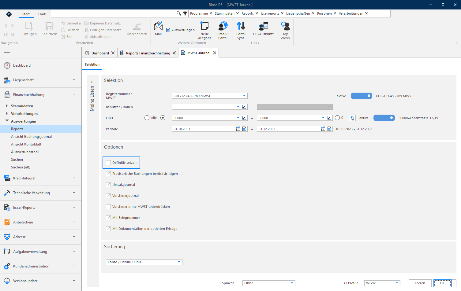 Screenshot: Auswahlmaske für den Report MWST-Journal mit Optionen