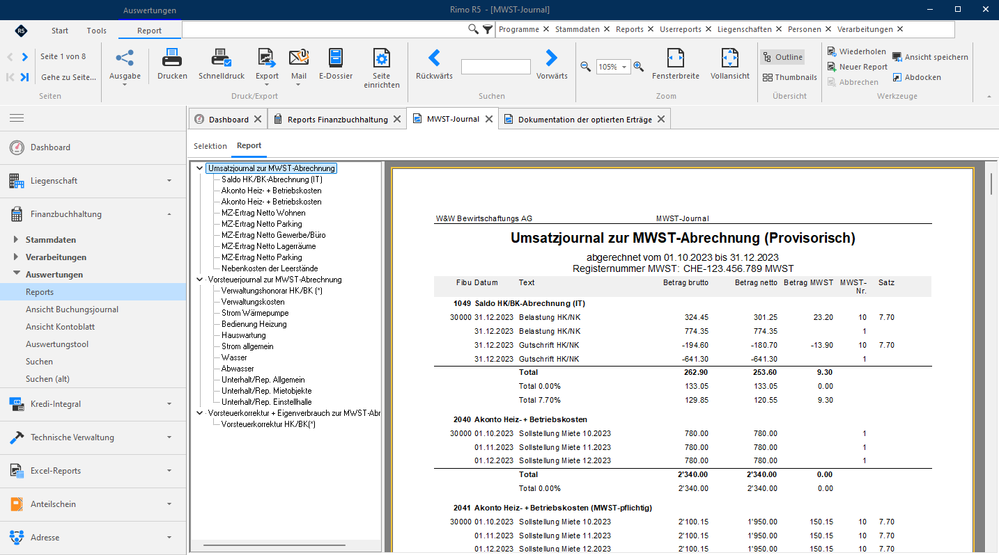 Screenshot: Erste Seite des provisorischen Umsatzjournals zur MWST-Abrechnung